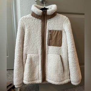 A&F White and Brown Leather Thick Fluffy Full Zip Jacket, Size Xs